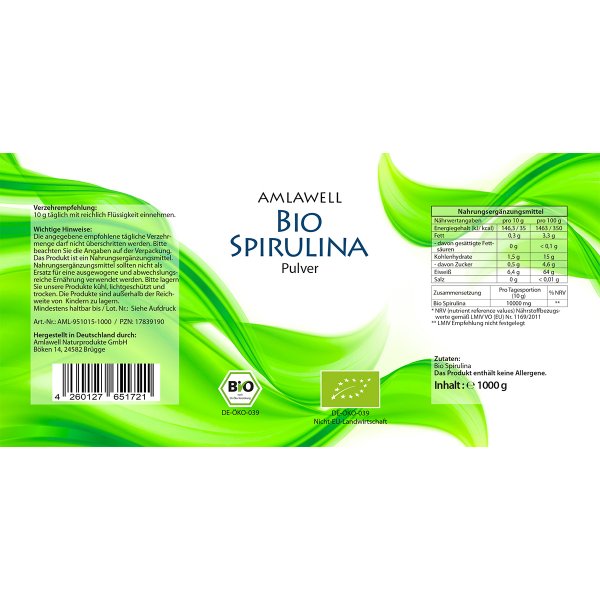 Amlawell Bio Spirulina Pulver / 1000 g / DE-ÖKO-039